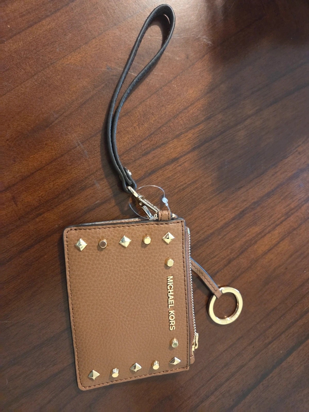 Michael Kors Brown Leather Wristlet Card Case with Gold Studs